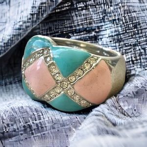 Vintage pink and blue enamel rhinestone ring